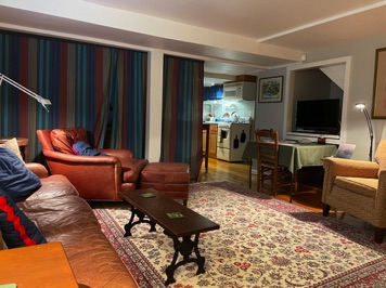 Entering into the living area of Oxie. Behind the leather chair and curtain is the bedroom area with full kitchen to right. Entering into the living area of Oxie. Behind the leather chair and curtain is the bedroom area with full kitchen to right.